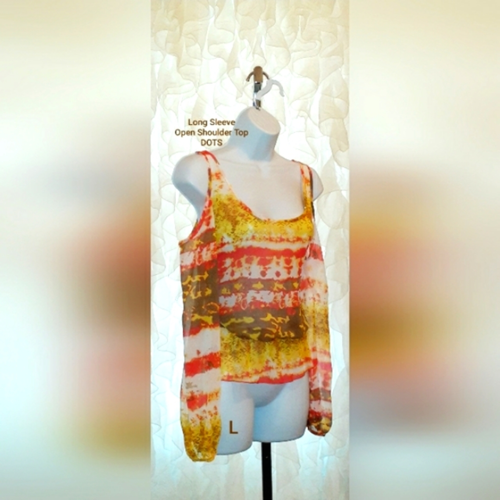 Open Shoulder Summer Top Orange & Brown Dots L